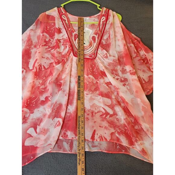 Blue Velvet Pink Floral Sheer Kimono Shawl Poncho Sz M Beaded Sheer topper NWT - Picture 3 of 9